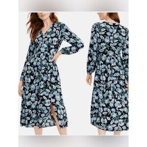 LOFT Black Midi Dress with Blue Floral Print Size 12